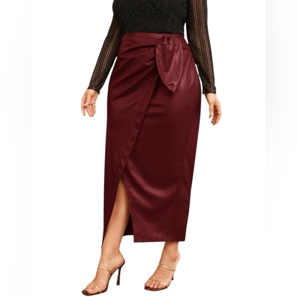 Women’s Sz S Burgundy Faux Leather Midi Skirt Faux Wrap Front Tie Bow